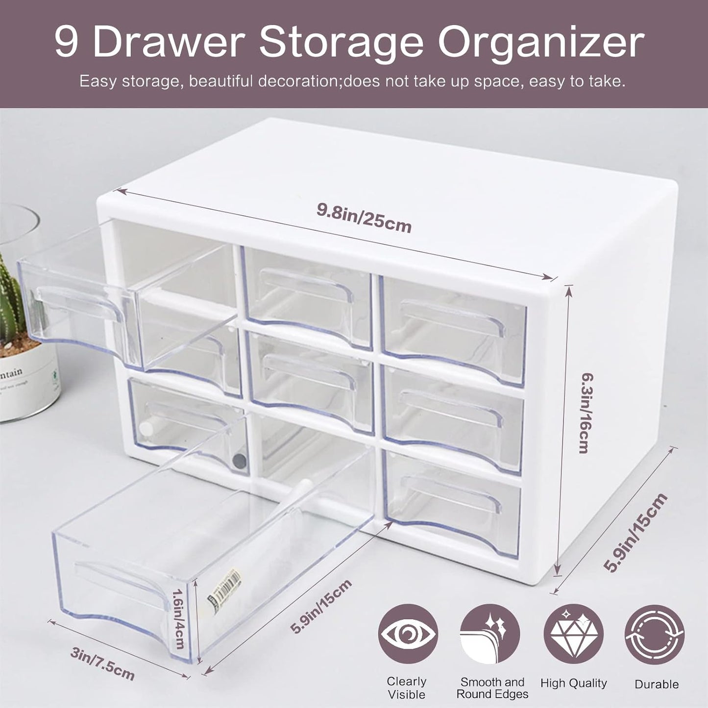 Desk Storage Organizer with 9 Drawers, MYKASEN Clear Plastic Storage Cabinet, Stackable Desk Storage Box for Makeup Office Craft Hardware Art Supplies, 9.8x6.3x5.9inch(White)
