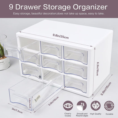 Desk Storage Organizer with 9 Drawers, MYKASEN Clear Plastic Storage Cabinet, Stackable Desk Storage Box for Makeup Office Craft Hardware Art Supplies, 9.8x6.3x5.9inch(White)