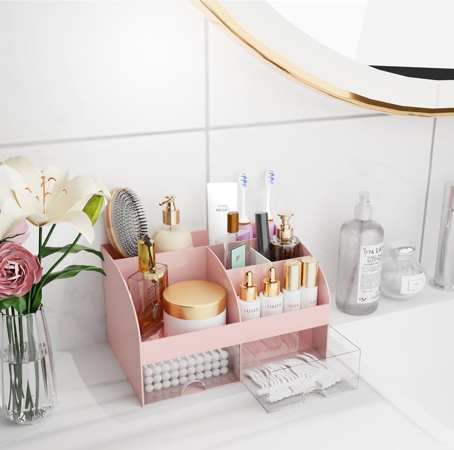 Makeup Organizer with Drawers, Cosmetic Storage for Dresser Vanity and Bathroom Countertop, Beauty Holder for Lipstick Brush, Skincare Organizer for Vanity, Cosmetic Display Case (White)