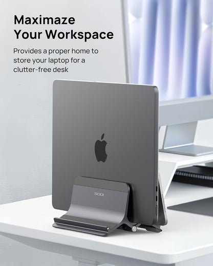 SODI Vertical Laptop Stand for Desk, Gravity Auto Lock MacBook Stand, Aluminum Laptop Holder Vertical Compatible with MacBook Pro, Air, Tablet, Space-Saving Organize Work & Home Office, Gray