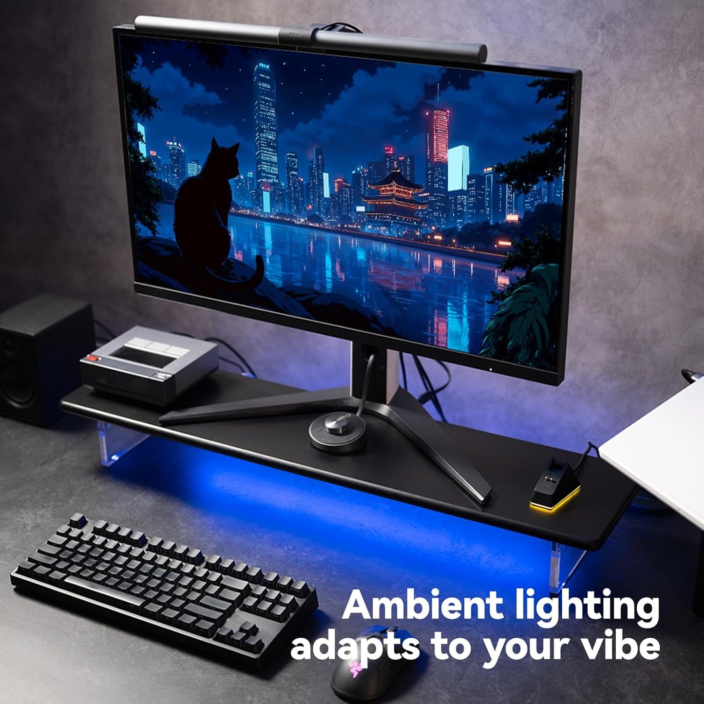 Bamboo Monitor Stand Riser with Acrylic Legs for Desk, 31.5 Inches Desktop Shelf Supports for PC Computer Monitor, Laptops, Printer, Speakers (White)