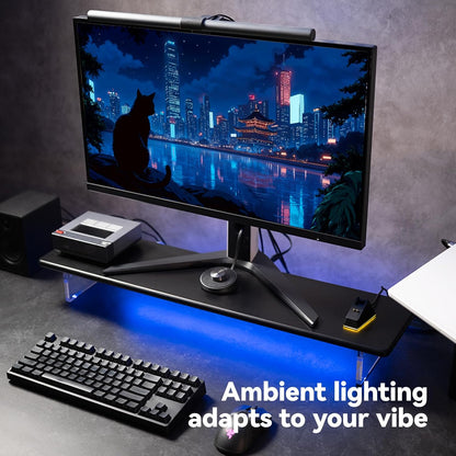 Bamboo Monitor Stand Riser with Acrylic Legs for Desk, 31.5 Inches Desktop Shelf Supports for PC Computer Monitor, Laptops, Printer, Speakers (White)