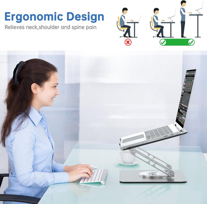 Laptop Stand for Desk Adjustable Computer Stand with 360 Rotating Base Ergonomic Laptop Riser Mount for Desk Foldable Protable Computer Desk Fits with MacBook Pro Air, Round Black