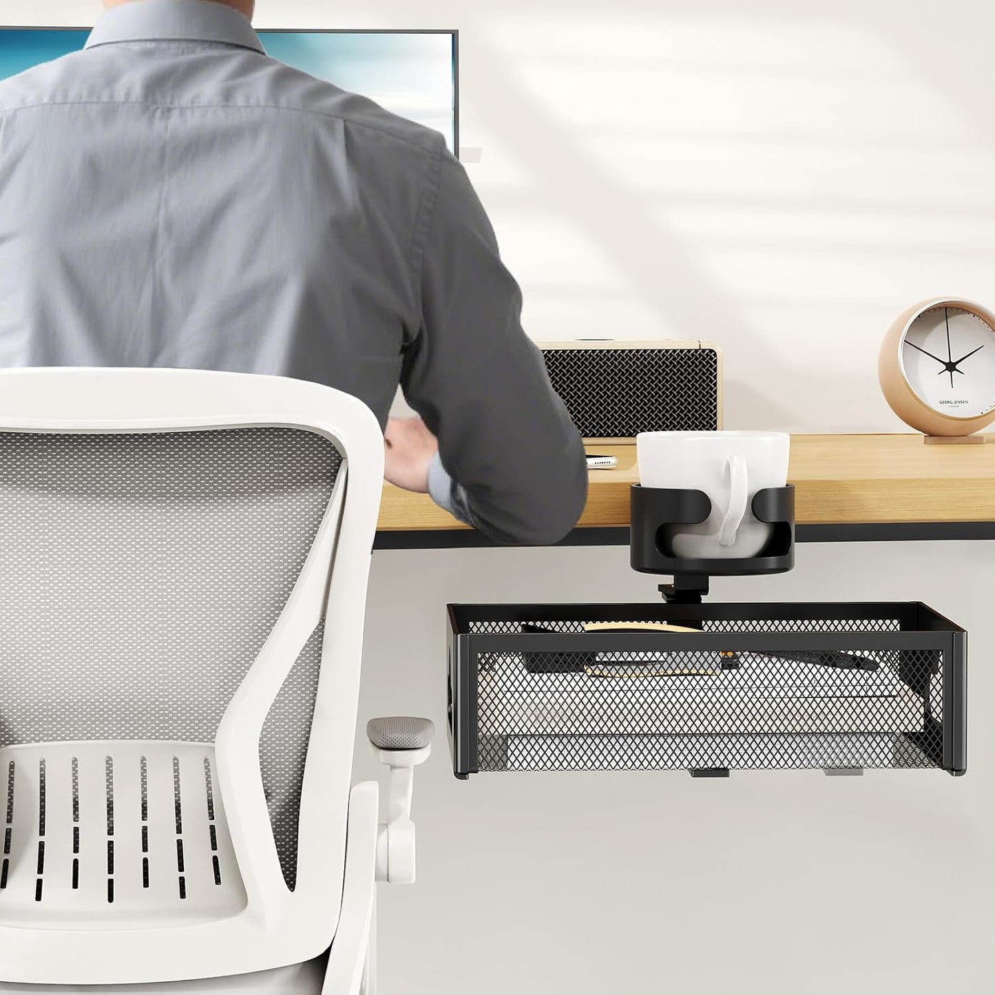 CABTE Desk Cup Holder with Drawer Organizer, Anti-Spill Clip-On Table Cup Hook with 360° Rotation Hidden Storage Box for Office Home Gaming Table (Black)