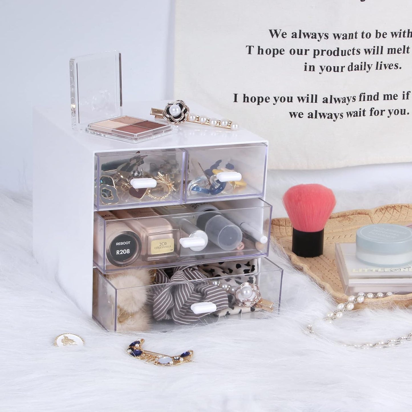 Desk Organizer with Drawer, Office Organizer with 4 Drawers, Desk Storage Box for, Desktop, Dressing table, Office, School, Home, Plastic Box and 4 Acrylic Drawers(White)