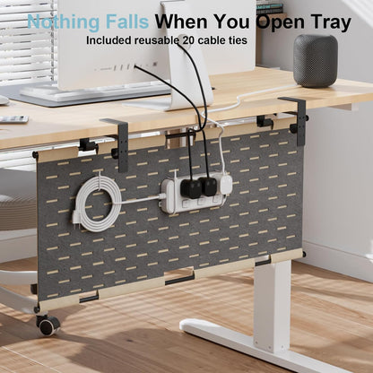 2-in-1 Under Desk Cable Management Tray & Privacy Panel, Dual-Sided Thick Felt Cord Organizer with 20 Cable Ties,Heavy Duty Steel Frame Support, No-Drill Clamp Mount,Large Capacity (Khaki/Gray, 45.2")