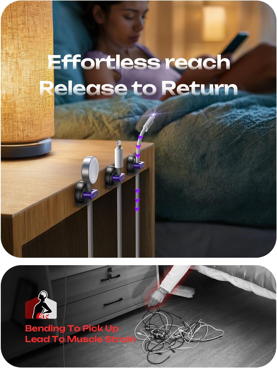 LISEN Magnetic Charging Cord Holder 8-Pack Charging Cord Organizer [1S Click-in], Easy Open Cable Holder with Strong Adhesive, Cable Management Clips Neatly for Nightstand, Desk, Home, Office, Car