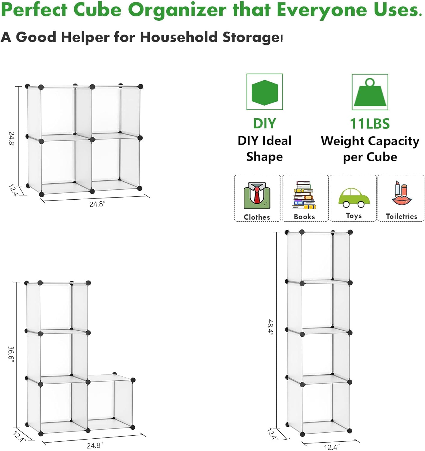 C&AHOME Cube Storage Organizer, 4-Cube Shelves Units, Closet Cabinet, DIY Plastic Modular Book Shelf Ideal for Bedroom, Living Room, Office, 24.8" L x 12.4" W x 24.8" H Milky UPCS04M