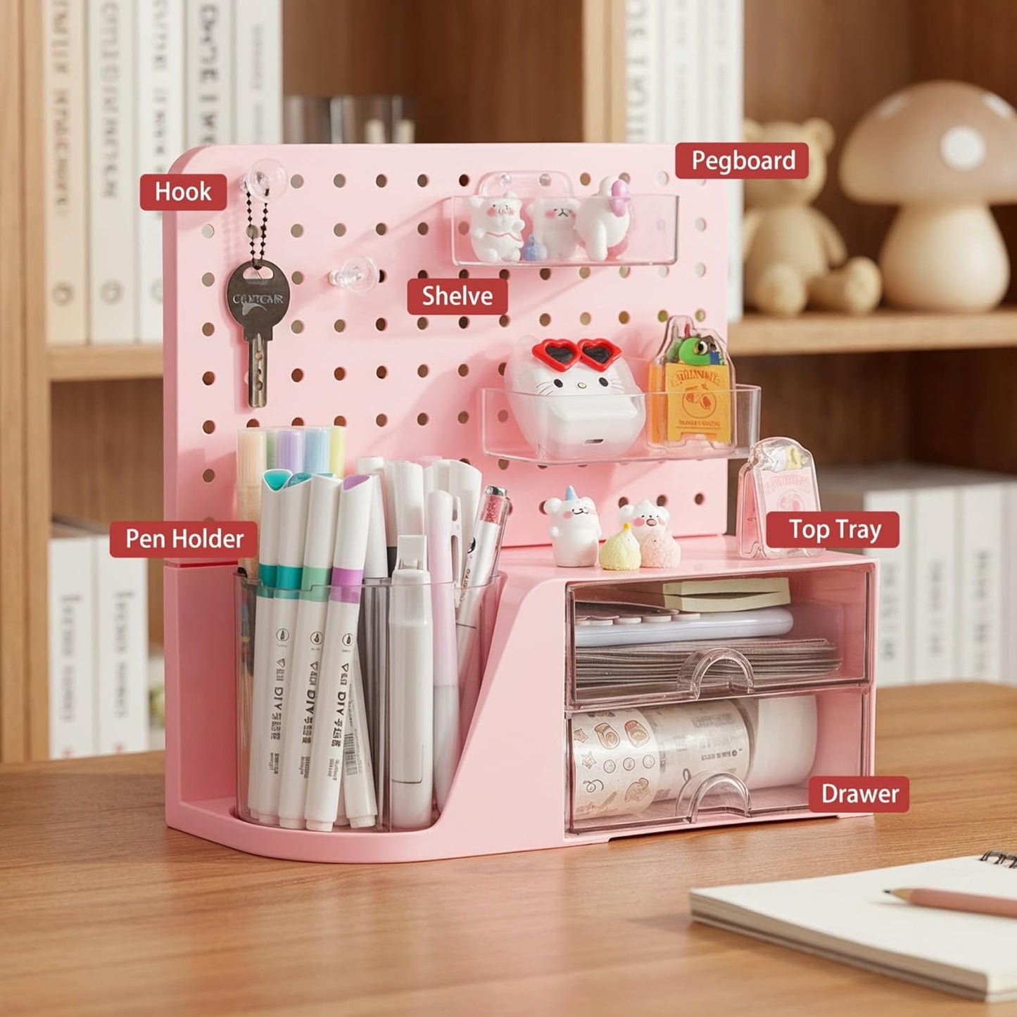 Comix 360° Rotating Pen Holder for Desk, Cute Pencil Holder Pen Organizer, Beige Acrylic Pencil Cup Caddy with 5 Slots for Home School Office Supplies