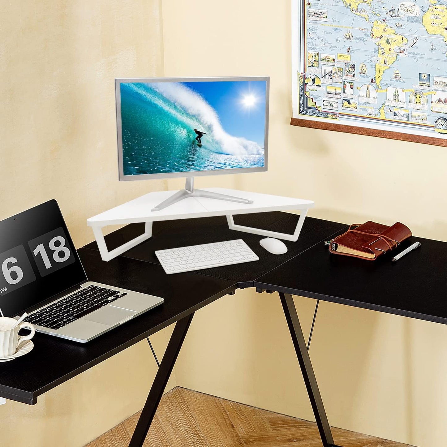 TEAMIX 26 inch Triangle Monitor Stand Riser, Desktop Corner Shelf with Metal Leg Wood Computer Stand with Storage Laptop Riser Office Organization