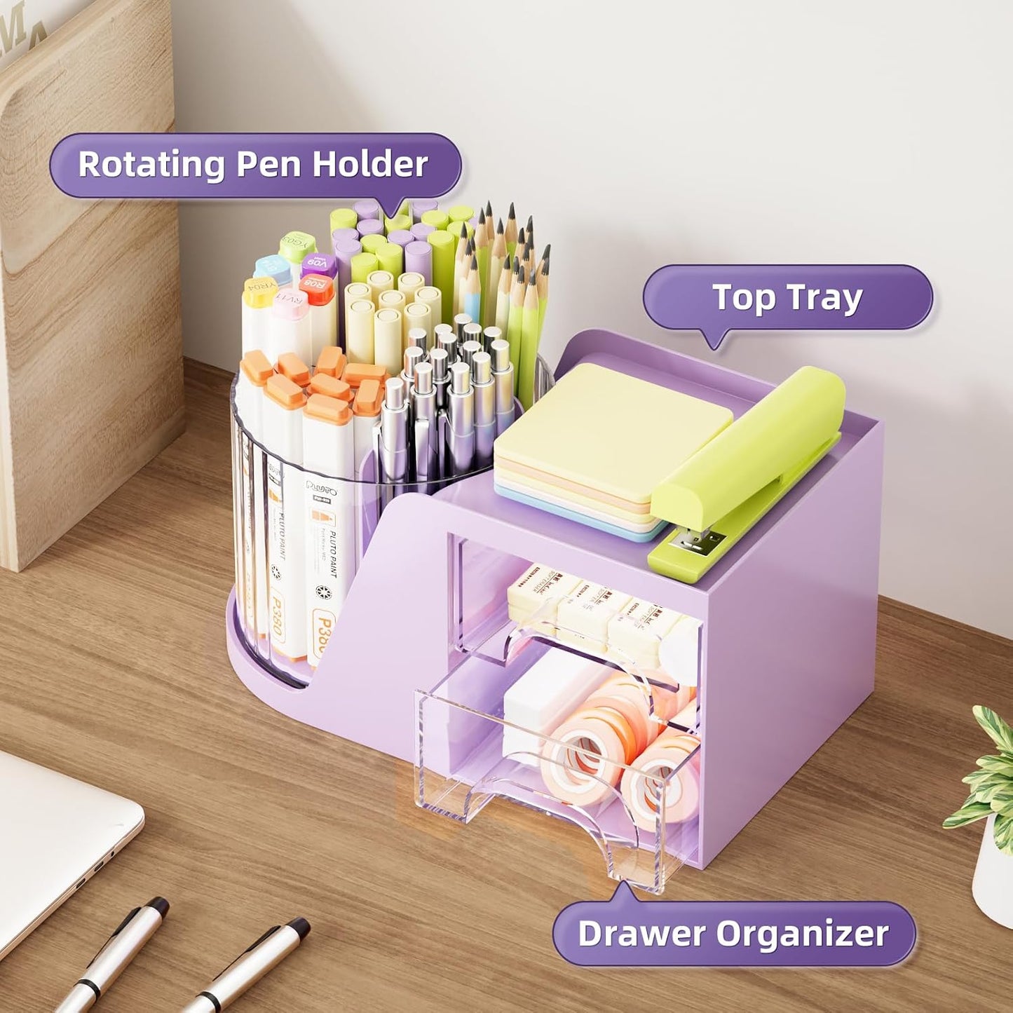 Marbrasse Desk Organizer with 2 Drawer, 360°Rotating Pen Holder, Desk Organizers and Accessories with 6 Slots Pencil Organizer + 2 Drawer, Art Supply Storage Box Caddy for Office (White)