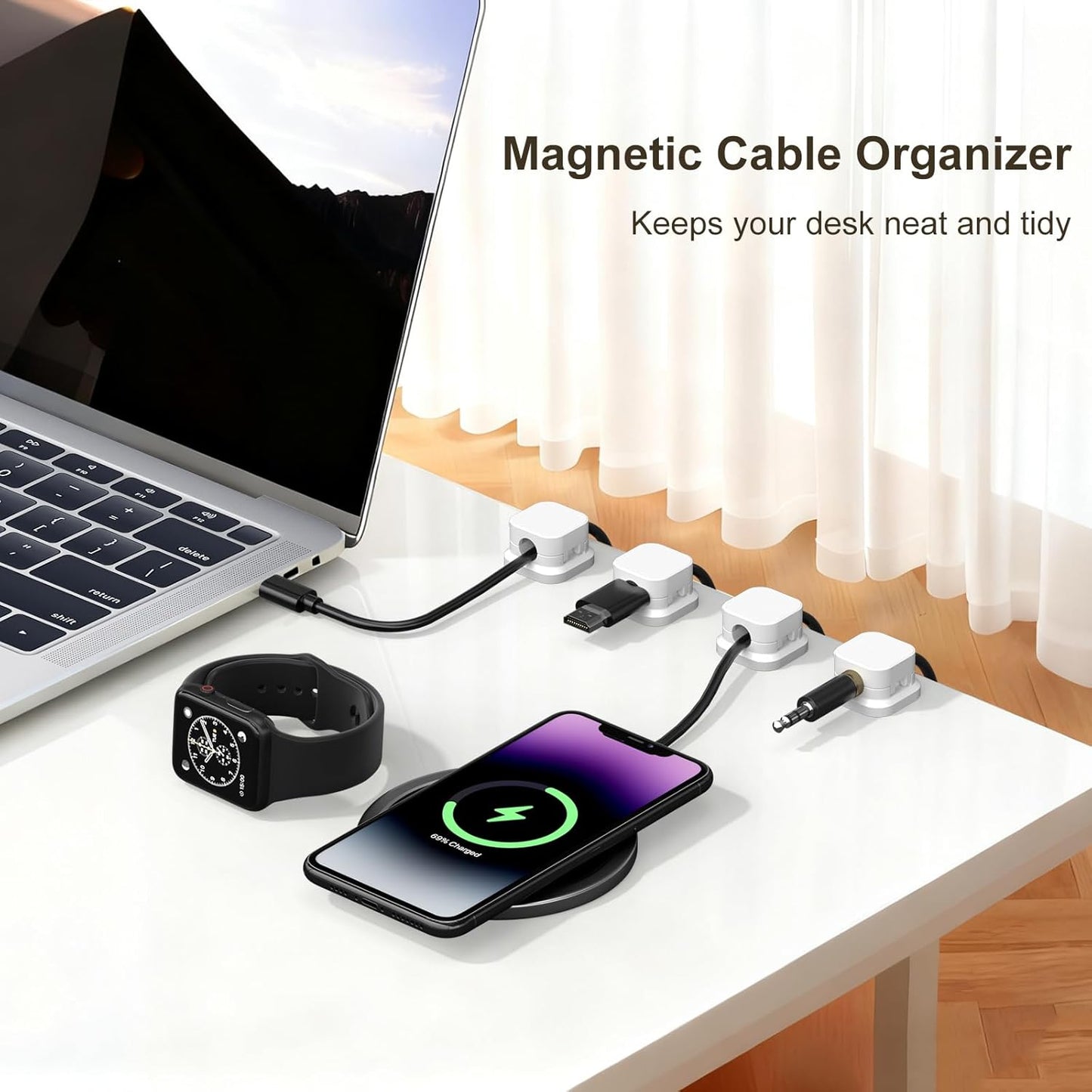 6 Pack Magnetic Cable Clips, Cord Organizer Holder with Strong Adhesive, Desk Cable Management for Home Office Car Desktop Nightstand, Adjustable Wire Keeper, Black