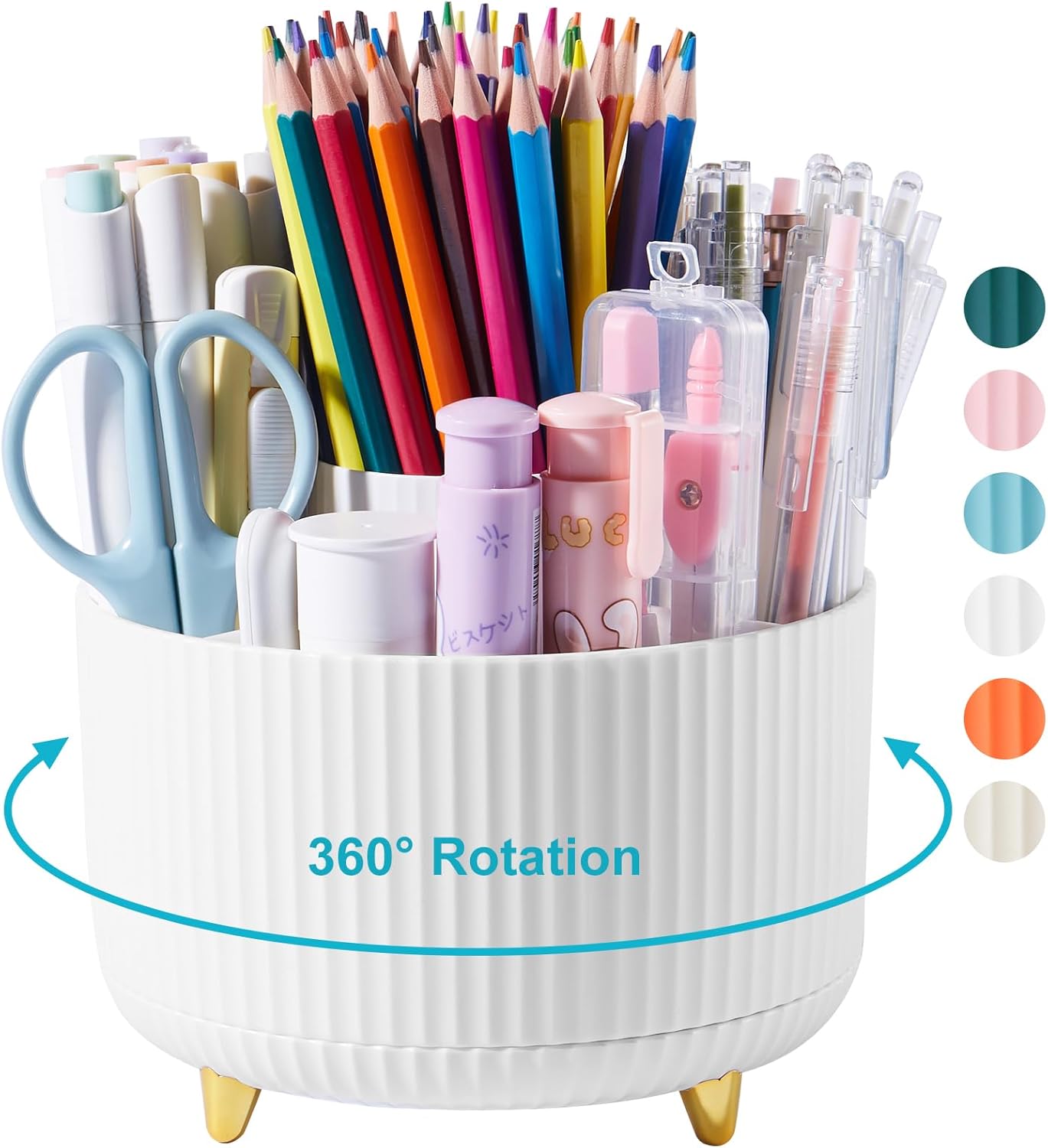 Desk Pencil Pen Holder, 5 Slots 360 Degree Rotating Pencil Pen Organizers for Desk Desktop Storage Stationery Supplies Organizer Cute Pen Cup for Office School Home Art Supply Cream Yellow
