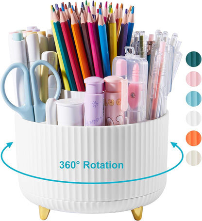 Desk Pencil Pen Holder, 5 Slots 360 Degree Rotating Pencil Pen Organizers for Desk Desktop Storage Stationery Supplies Organizer Cute Pen Cup for Office School Home Art Supply Cream Yellow