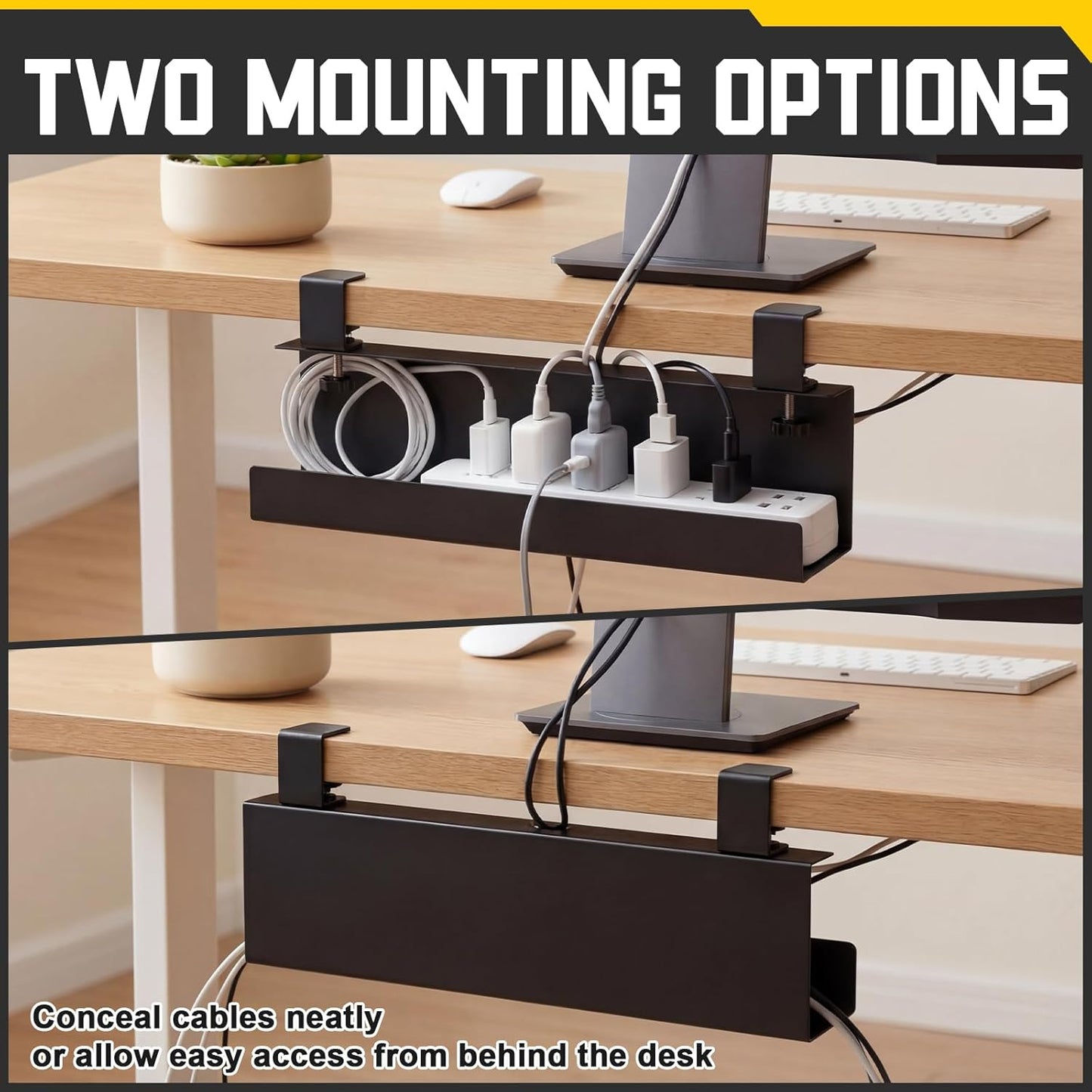 16×5×3 Inch No Drill Clamp-on Power Strip Cable Management Tray Under Standing Desk Steel Cable Organizer Wire Cord Tamer for Office, Home, Garage(Black)