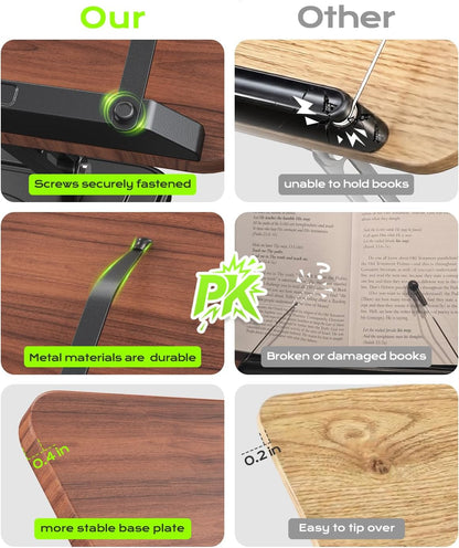 Book Stand for Reading, Adjustable Book Holder with 360°Rotating Bases, Ergonomic Cookbook Stand Recipe Book Holder with Elastic Page Clips for Magazines, Tablets, Laptops,Black
