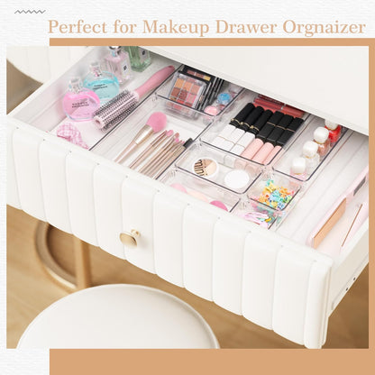 12 Pack Large Clear Plastic Drawer Organizer Set, Acrylic Bathroom Organizer Vanity Trays Dividers, Kitchen Organizers and Storage, Non-Slip Storage Bins for Makeup, Snacks, Office, Desk, Fridge