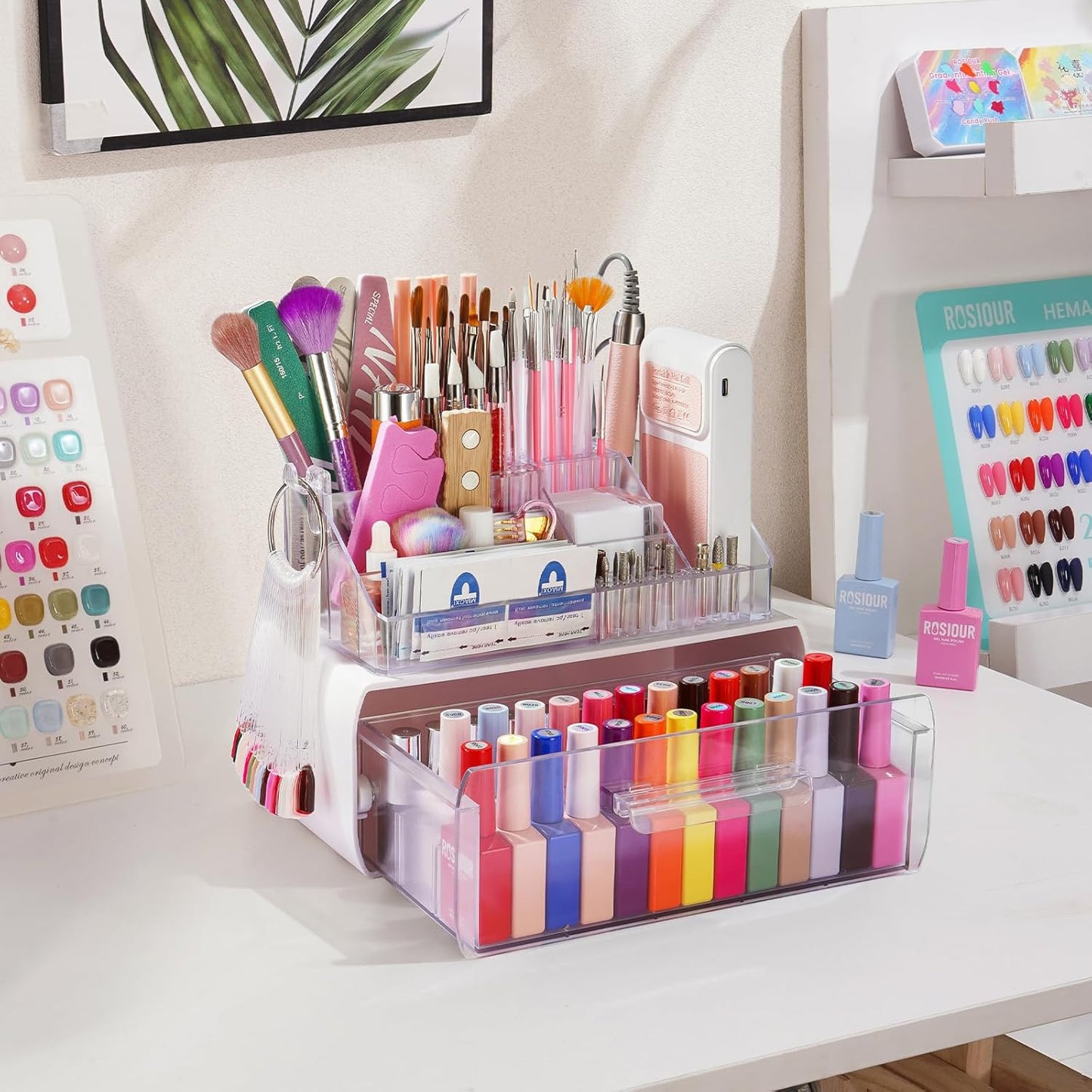 Wilfniee Nail Tech Desk Organizer Case: 2 Layers Nail Tech Organizers with Nail Polish Storage Drawer- 53 Holes Nail Drill Bits & Nail Brushes Pens Holder for Manicure Nail Supplies (Clear)