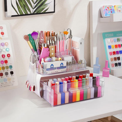 Wilfniee Nail Tech Desk Organizer Case: 2 Layers Nail Tech Organizers with Nail Polish Storage Drawer- 53 Holes Nail Drill Bits & Nail Brushes Pens Holder for Manicure Nail Supplies (Clear)