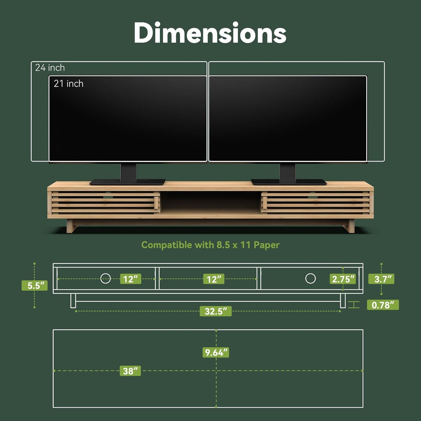 Monitor Stand Riser with Sliding Door, Computer Laptop Stand Desk Shelf Organizer with Storage (Natural Bamboo, 25 Inch)