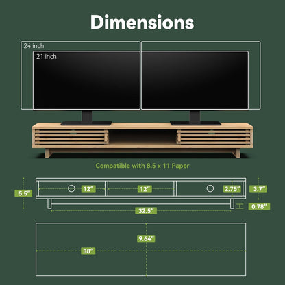 Monitor Stand Riser with Sliding Door, Computer Laptop Stand Desk Shelf Organizer with Storage (Natural Bamboo, 25 Inch)