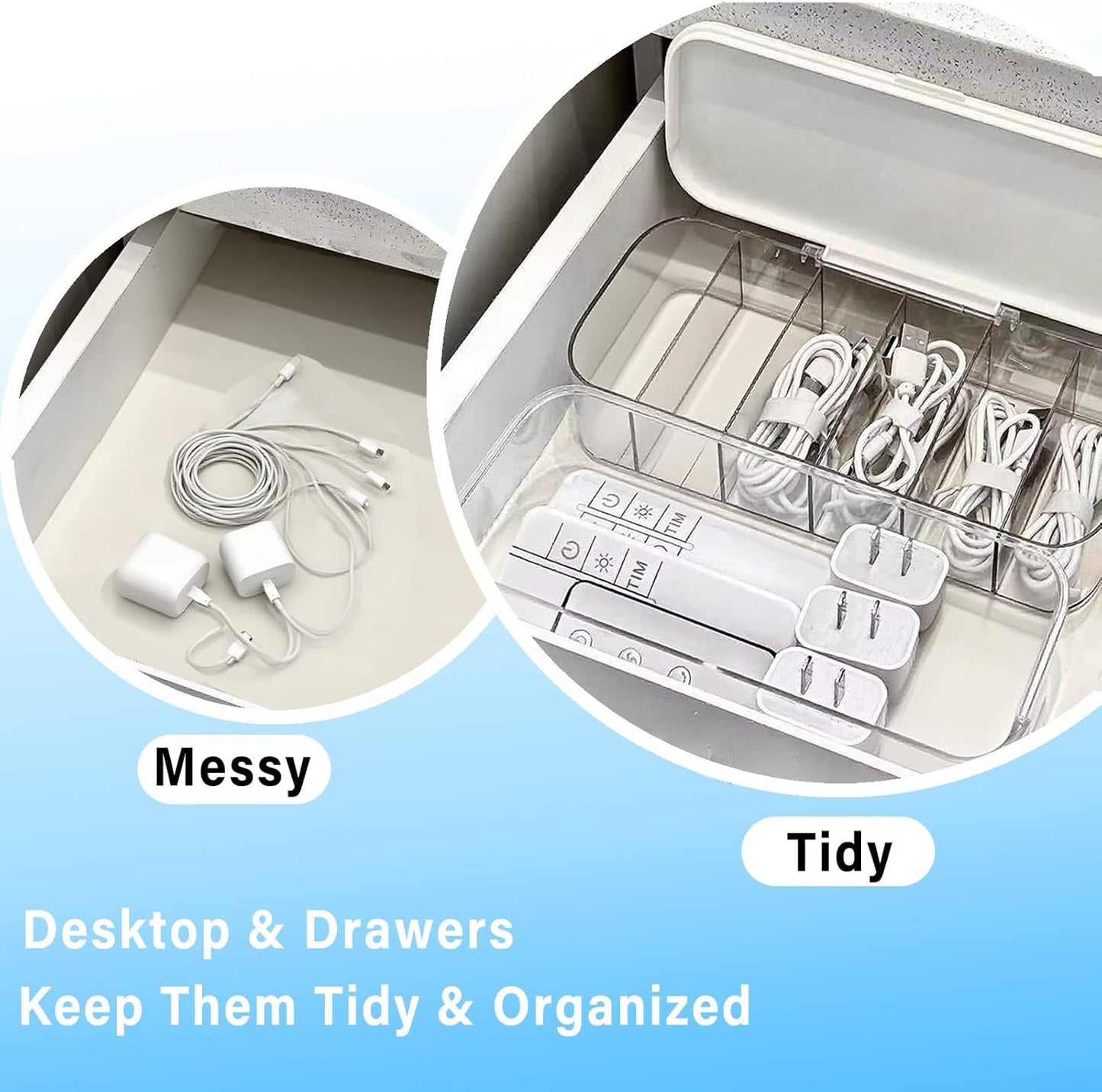 RayHenry 2 PCS Stackable Cable Organizer Storage Box, Desktop Cord Management Box for Chargers, Jewelry, Hair Ties, Cables, Desk Organizer with Drawer