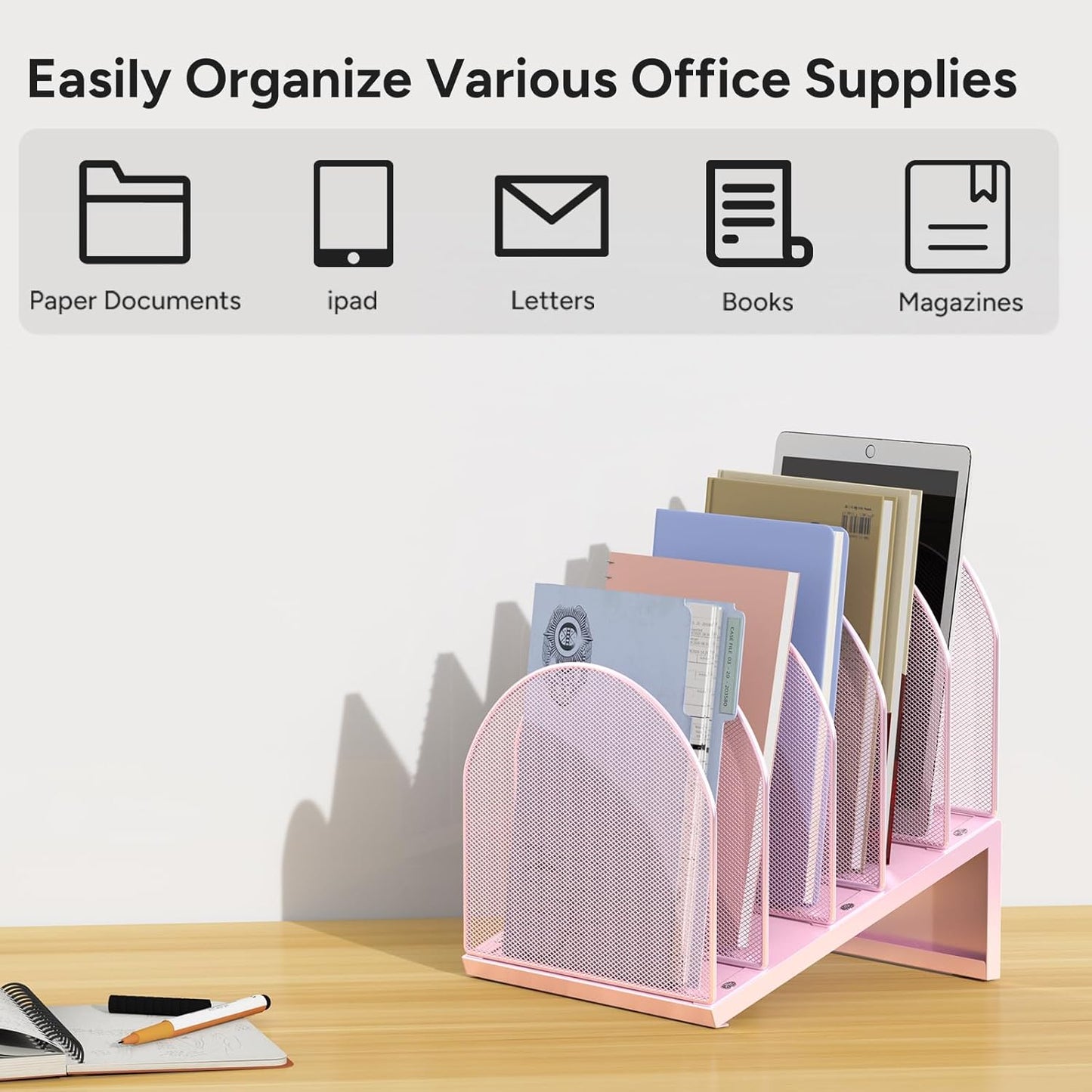 5-Section Desk File Organizer, Metal Mesh Folder Organizer for Documents, Mail & Office Papers (Black)