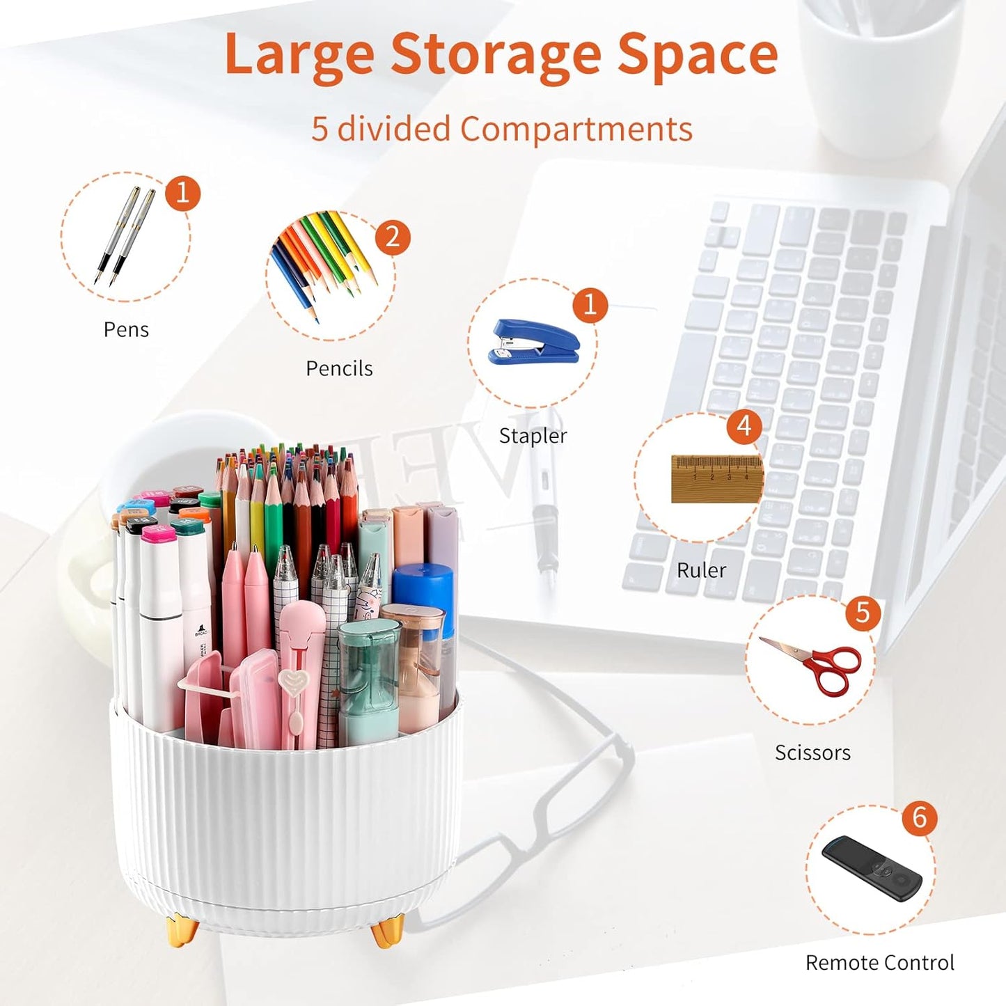 Desk Pencil Pen Holder, 5 Slots 360°Degree Rotating Pen Organizers for Desk, Desktop Storage Stationery Supplies Organizer, Cute Pencil Cup Pot for Office, School, Home, Art Supply, Dark Green