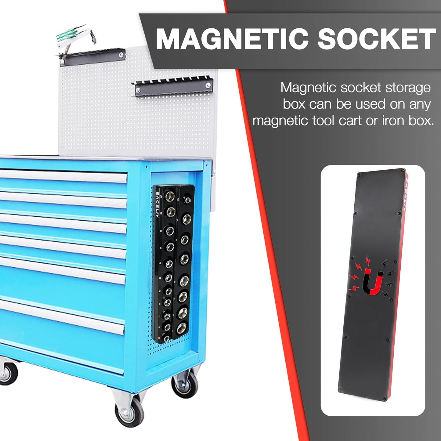 EACELIY 6-Piece Magnetic Socket Organizer Set, 1/2", 1/4" and 3/8" SAE & Metric Deep & Shallow Socket Holder Kit, holds 141 stanard Sockets, attaches to steel box/tool cart (sockets not included)
