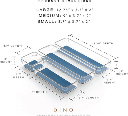 BINO | 4-Piece Drawer Organizer Bin Set - Grey, Small | THE MODULAR+ | Multi-Purpose Storage | Soft-Grip Lining and Non-Slip Rubber Feet | Durable | BPA-Free | Desk Drawer Organizer | Vanity