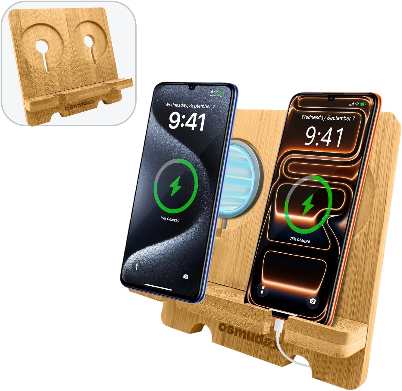 Bamboo Charging Station for Multiple Devices, Cable Management Box for Power Strip, USB Charger & USB Charging Hub/Station, Wood Docking Station Desktop Organizer Bedside Table Organizer