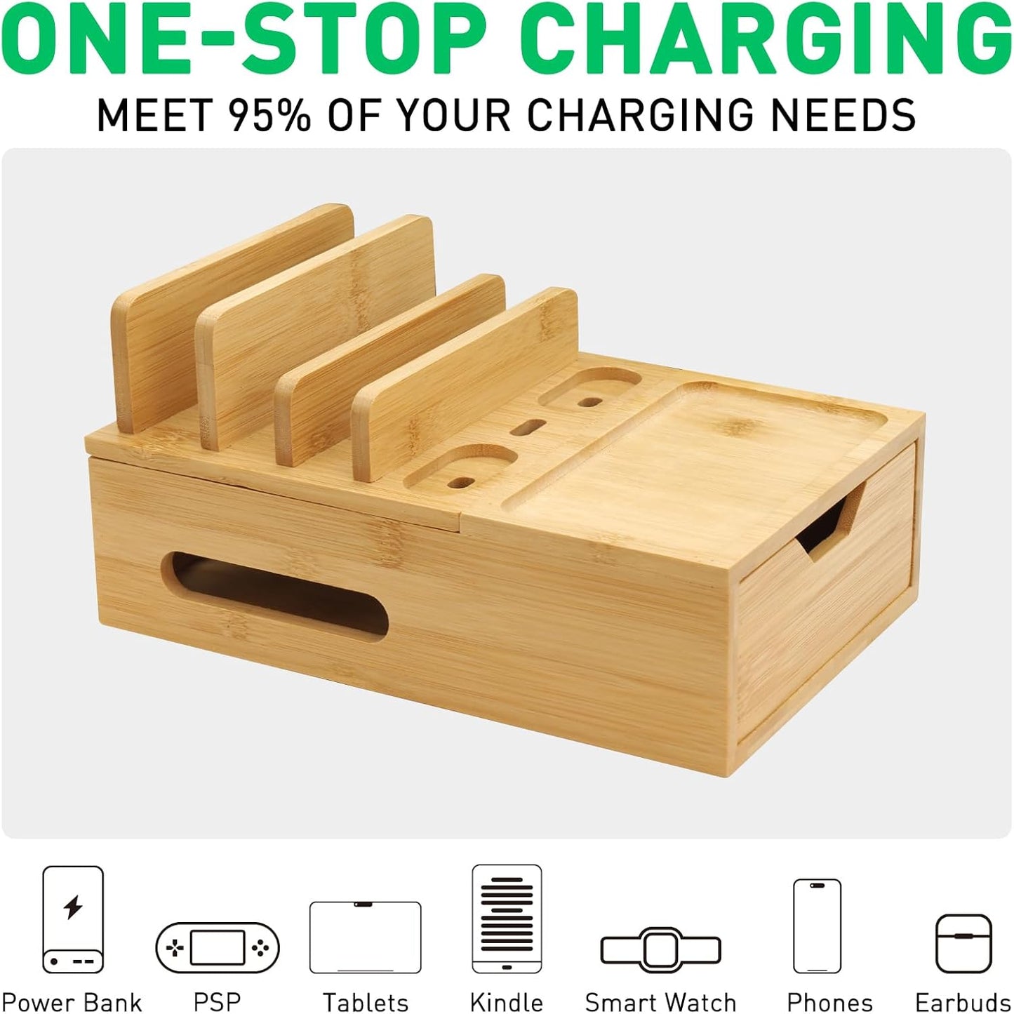 Bamboo Charging Station for Multiple Devices, Desk Charging Organizer with Drawer & Tray, Wood Docking Station for Multi Devices, Cell Phone, Tablet (Included 6 Cables, 5 Port USB Charger)