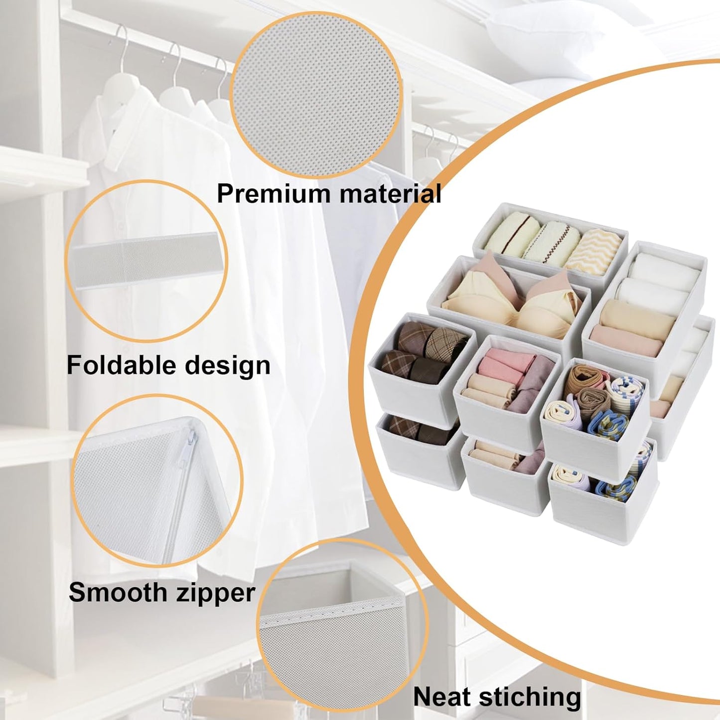 Fordonral 12 Pack Drawer Organizer Clothes, Foldable Fabric Dresser Organizer Closet Organizers and Storage Box for Underwear,Folded Clothes,Baby Clothing,Socks,Bra,Towels,Ties(12 Pack,Gray)