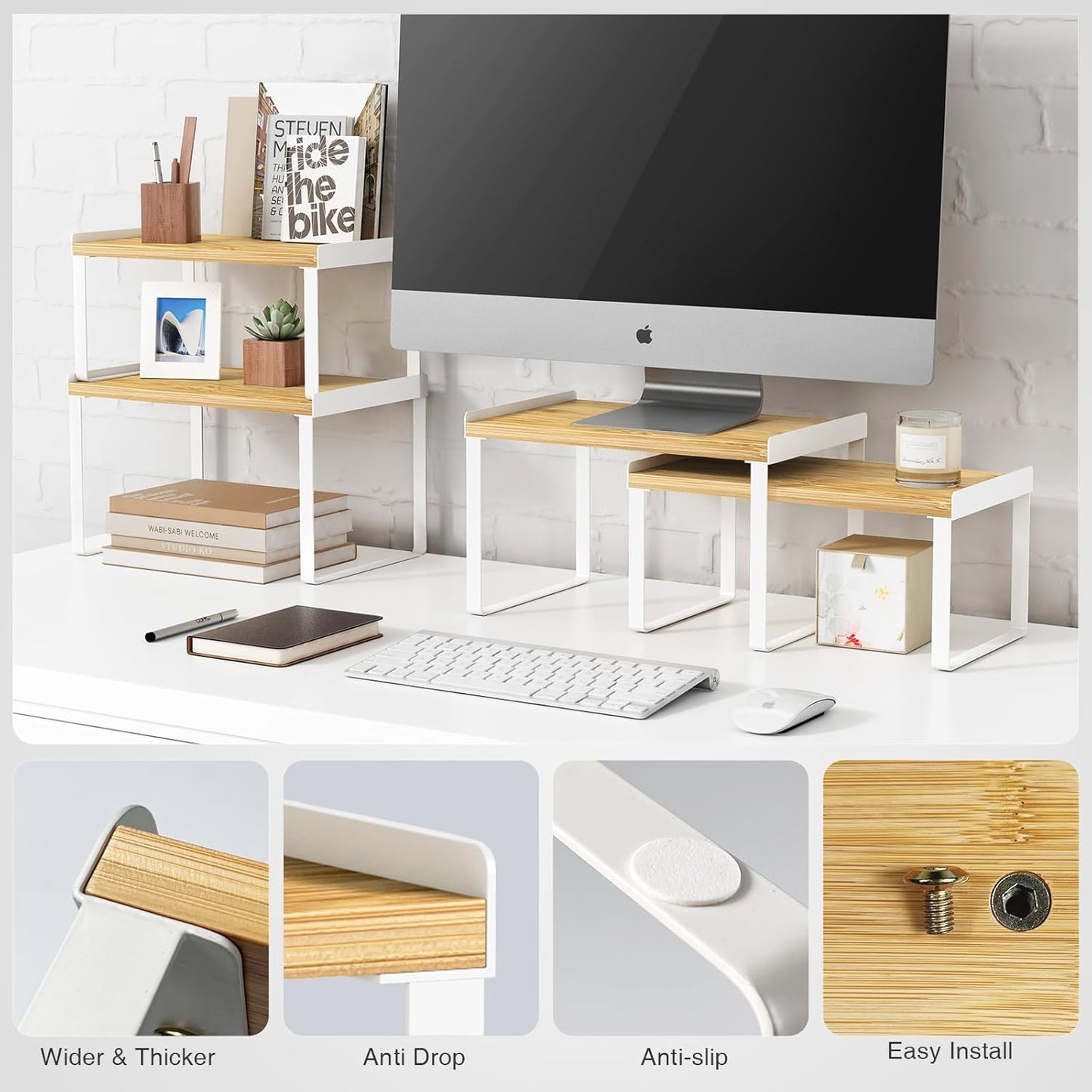 Goozii Kitchen Cabinet Organizer Shelf Set of 4, Large Stackable Pantry Cupboard Countertop Storage and Organizer, Desk Shelf Riser, Spice Plate Cup Expandable Storage Rack (Bamboo White)