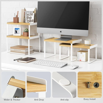 Goozii Kitchen Cabinet Organizer Shelf Set of 4, Large Stackable Pantry Cupboard Countertop Storage and Organizer, Desk Shelf Riser, Spice Plate Cup Expandable Storage Rack (Bamboo White)