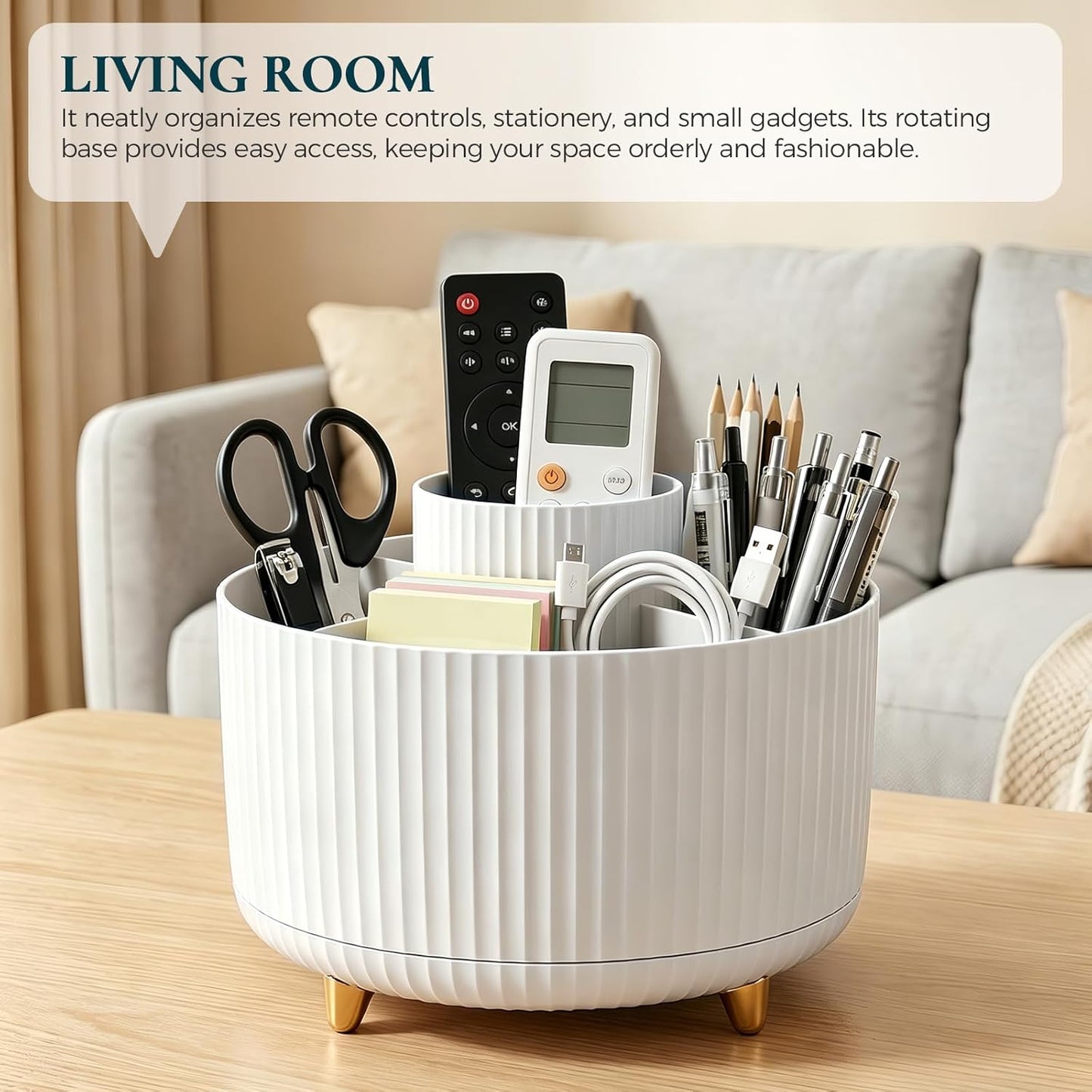 KONVINIT Pencil Pen Holder for Desk, 5 Slots 360 - Degree Rotating Desktop Organizer, Cute Desk Organizers and Accessories for School, Home, Office and Art Supply, Beige