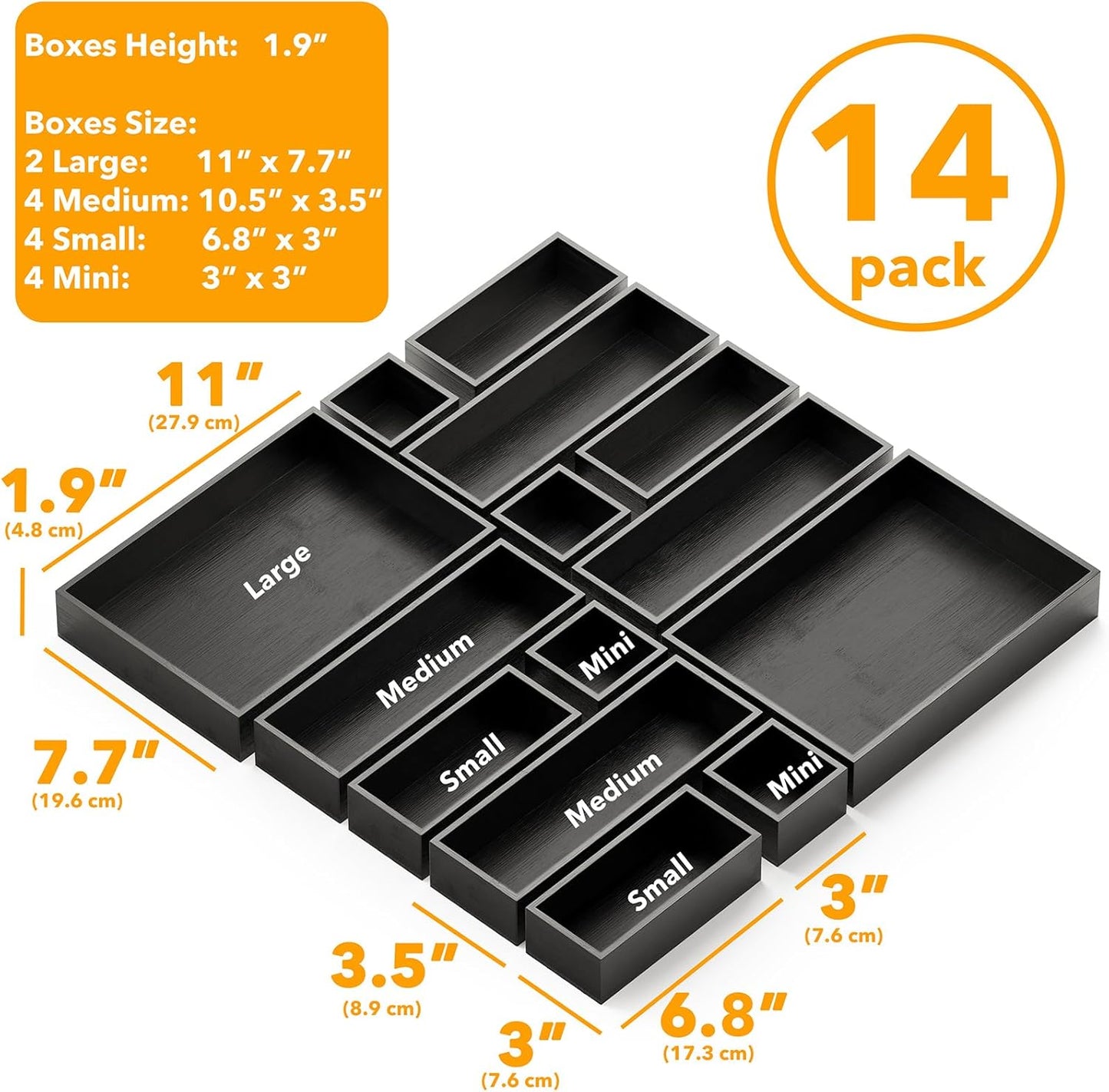 SpaceAid 14-Piece Bamboo Drawer Organizer Storage Boxes Set, Wood Tray Junk Drawer Organizers Multi-Use Divider Bins for Kitchen, Bathroom, Office Desk and Makeup Organization (14 Pack, Natural)