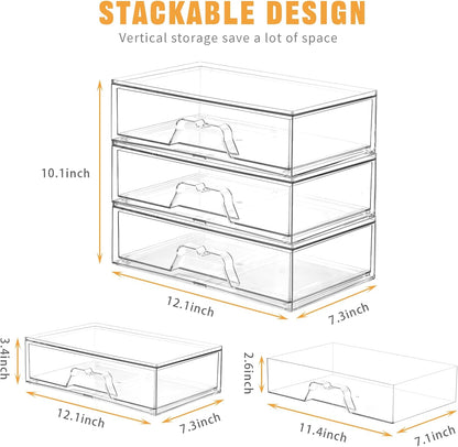 Stebopum 6 Pack Stackable Makeup Organizer, 4.4'' Tall Acrylic Bathroom Makeup Organizer and Storage Drawer with Pull-out Handle, Clear Plastic Storage Bins for Vanity,Pantry,Desk,Undersink,Kitchen
