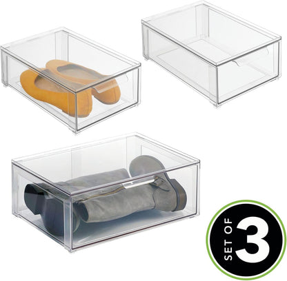 mDesign Plastic Stackable Closet Storage Organizer Bin Containers with Front Pull Drawer for Cabinet, Desk, Shelf, Cupboard, or Dresser Organization - Lumiere Collection - Clear