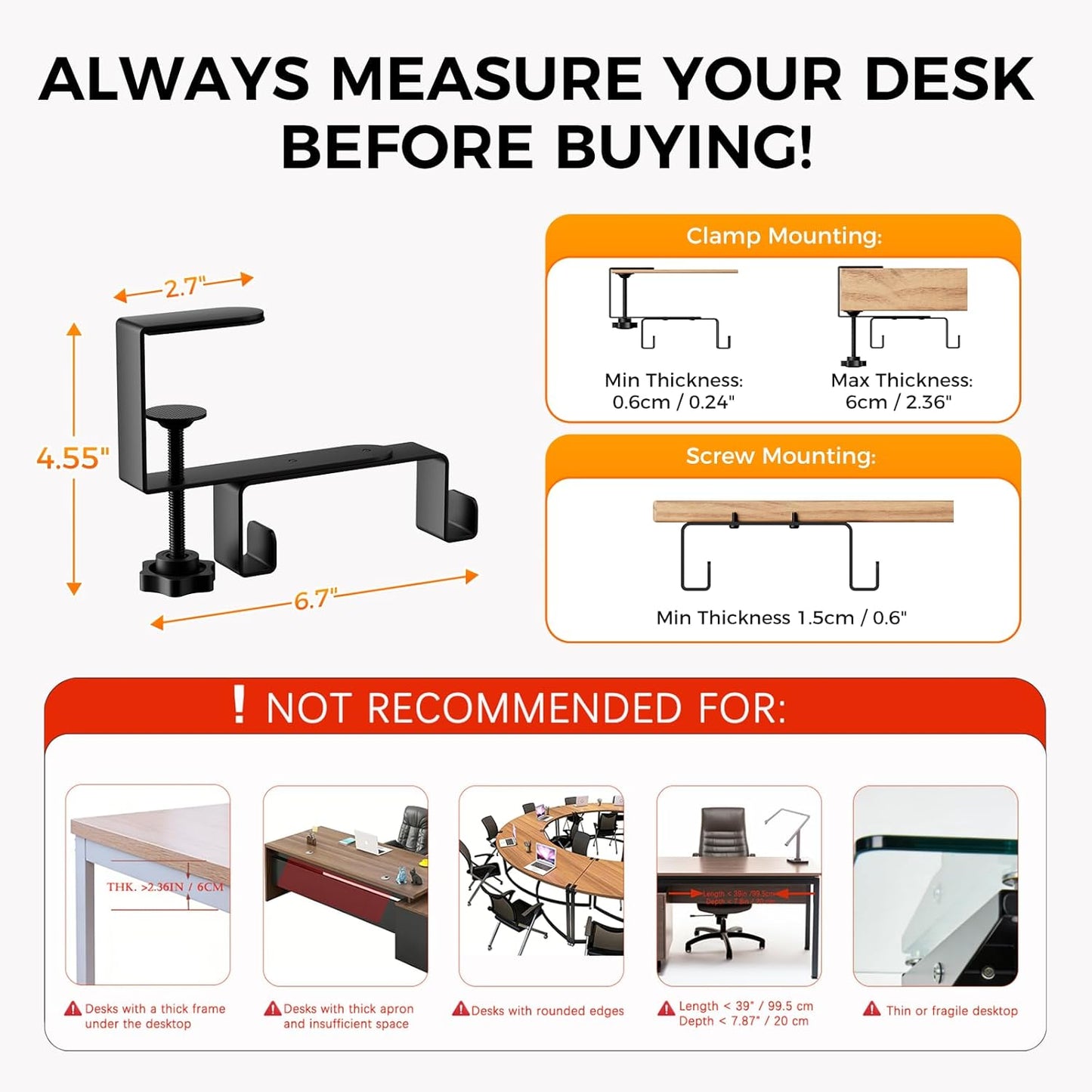 Under Desk Cable Management,No-Drill Standing Desk Cable Organizer with 2 Mounting Options - Clamp Or Screw Mounting,Upgraded Wider & Thickened Cord Holder for Home Office,38.6" L x 6" W