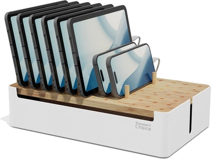 Prosumer's Choice Wooden Charging Station Organizer - 5-Port Base for Phones, Tablets and Laptops - Multi-Device Docking Station with Removable Divider Slots - Cord Box with Cable Management - Bamboo
