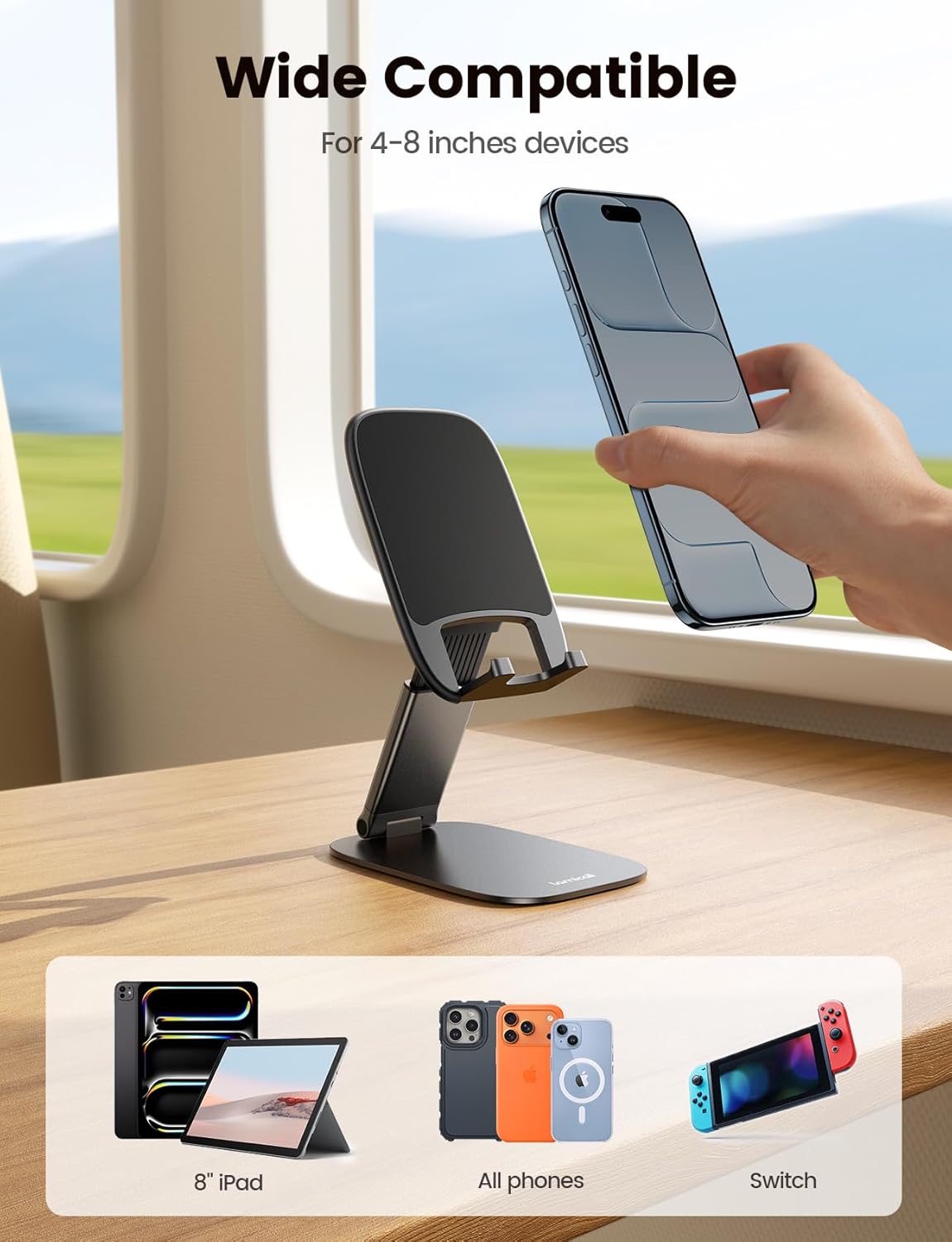 Lamicall Foldable Cell Phone Stand for Desk - [Ultra Thin] Portable Travel Holder, Height Adjustable, Weighted Metal Base, Thick Case Friendly for iPhone 17 16 15 Pro Max, Galaxy S26, Gift Mothers Day