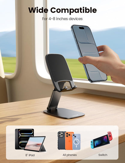 Lamicall Foldable Cell Phone Stand for Desk - [Ultra Thin] Portable Travel Holder, Height Adjustable, Weighted Metal Base, Thick Case Friendly for iPhone 17 16 15 Pro Max, Galaxy S26, Gift Mothers Day