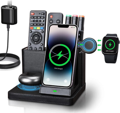 4 in 1 Wireless Charging Station with Desk Organizer, Leather Nightstand Office Organizer with Wireless Charger Stand for Multiple Devices iPhone 15 14 13 12 11 Pro Max and Samsung AirPods & iWatch