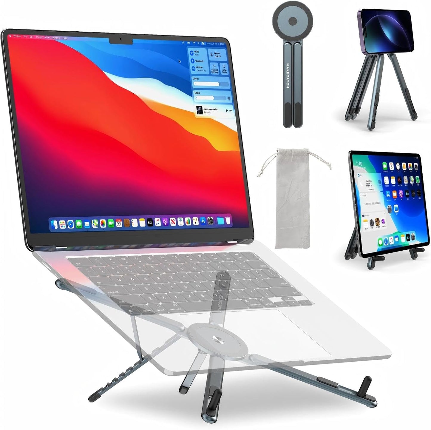Adjustable Laptop Stand for Desk with Magnetic Phone Holder, MagSafe Compatible Portable Foldable Computer Riser for MacBook, iPhone, iPad, Tablet - Perfect for Office, Home, Traveling
