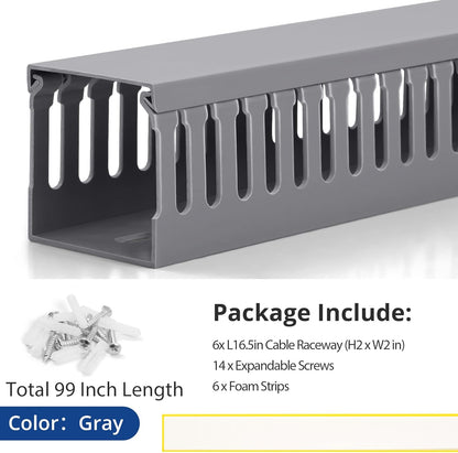 ZhiYo 2 x 2in Professional Server Rack Cable Management Raceway, 99in (6X L16.5in) Cable Raceway Kit, Electrically Safe PVC Open Slot Wire Raceway for Under Desk/Computer/Network Cords, Black