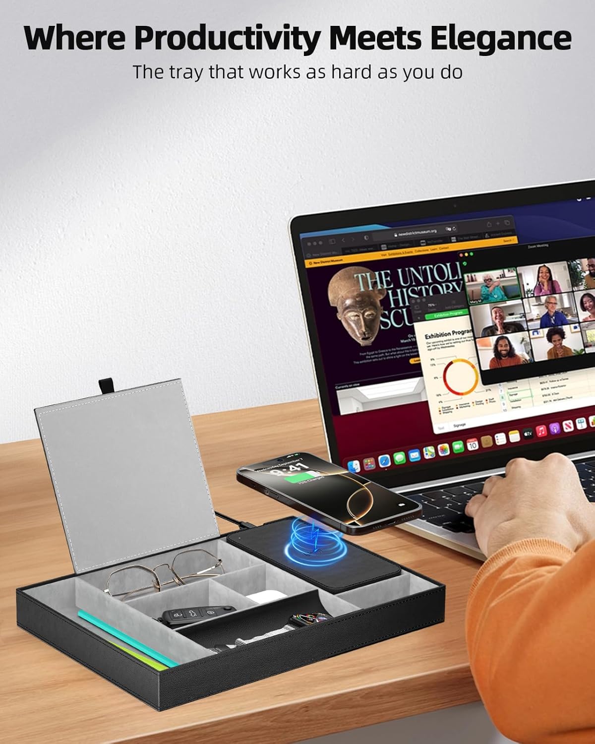 Valet Tray, Built in Wireless Charging Pad, Nightstand Organizer, Dresser Organizer, Mens Jewelry Box, Valet Charging Station, Faux Leather Valet Tray for Men and Women (Black+Wireless)