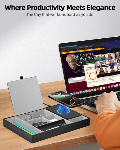 Valet Tray, Built in Wireless Charging Pad, Nightstand Organizer, Dresser Organizer, Mens Jewelry Box, Valet Charging Station, Faux Leather Valet Tray for Men and Women (Black+Wireless)