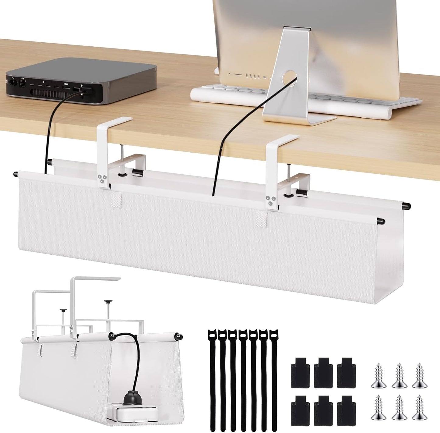 Under Desk Cable Management Tray - 36" Cord Organizer for Desk No Drill, Fabric Under Table Wire Organizer with 16X Cable Ties Hide for Office/Home, Cord Hider Fits Adapters & Sockets, White