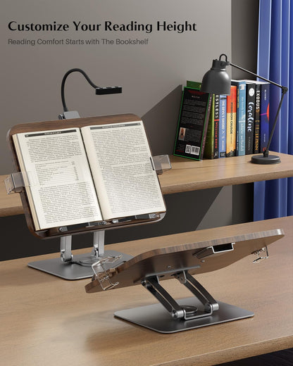 Book Stands for Reading,Adjustable Book Holder with 360° Rotating Metal Base,Foldable Cookbook Stand, Reading Hands Free with ABS Expandable Page Clips for Recipe,Textbook,Laptop